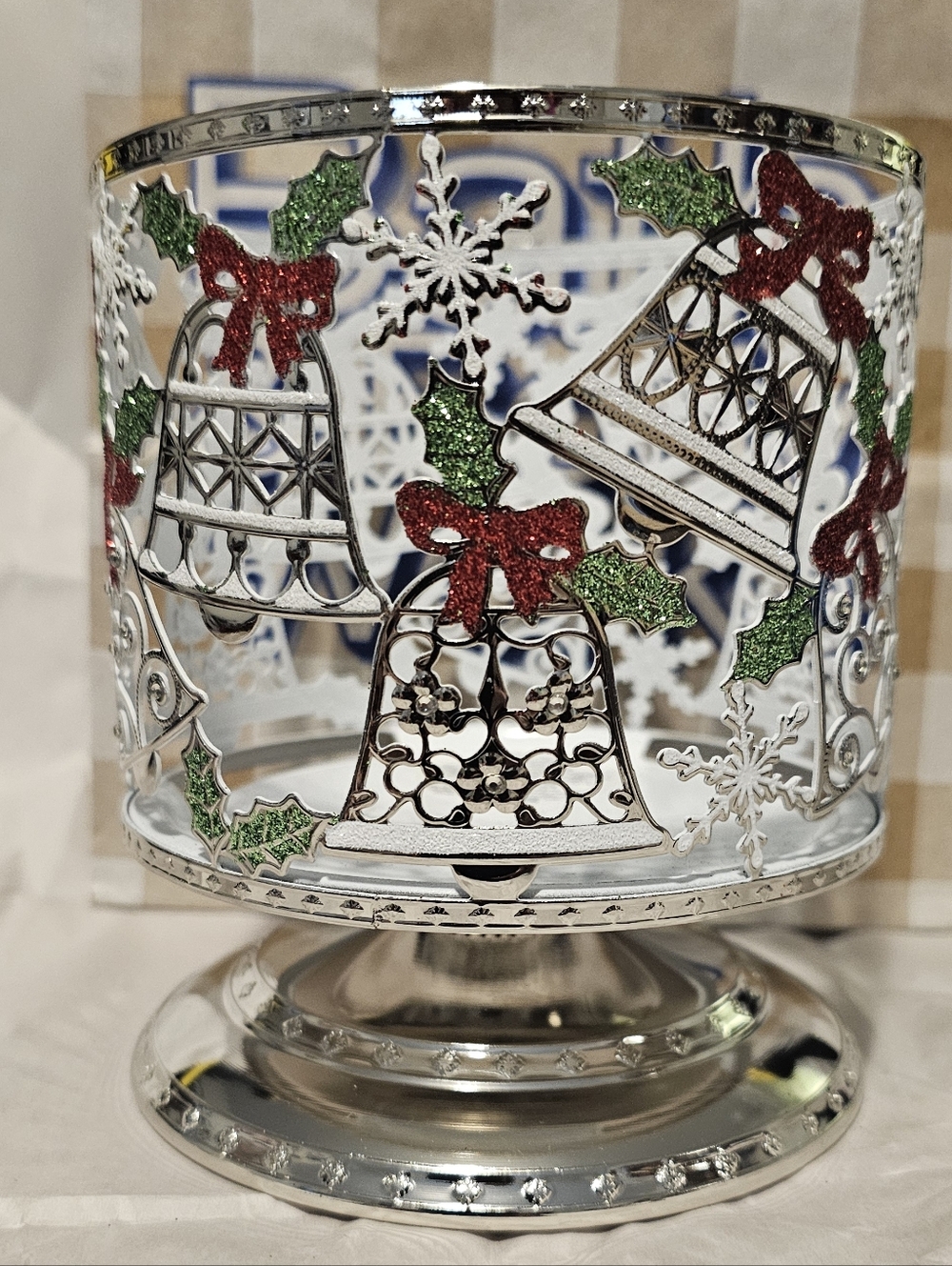 Silver Holiday Bell Candle Holder with Red Bows And Green Holly   Reitred